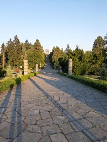 a cobblestone road in a park with trees at Apartments best city place in Belgrade