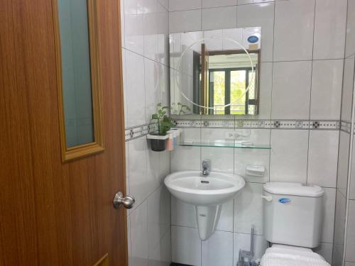 een badkamer met een wastafel, een toilet en een spiegel bij Jin Da Paint B&B in Jinning
