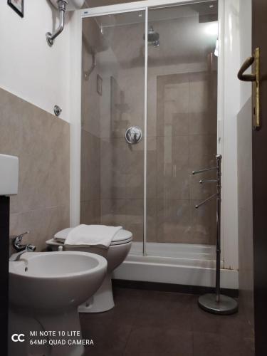 a bathroom with a shower and a toilet and a sink at Conte GuestHouse in Rome