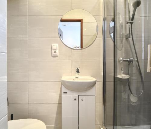 La salle de bains est pourvue d'un lavabo et d'une douche avec un miroir. dans l'établissement Apartament Centrum Sienkiewicza, à Katowice