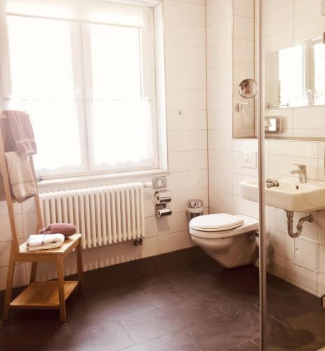 a bathroom with a toilet and a sink and a window at Burghof Kyffhäuser in Bad Frankenhausen