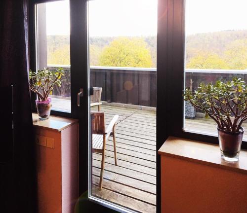 a view of a balcony from a room with a window at Burghof Kyffhäuser in Bad Frankenhausen