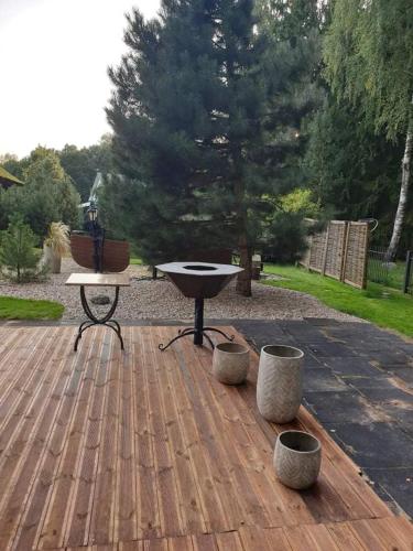 a picnic table on a wooden patio with two pots at kupolas in Šiauliai