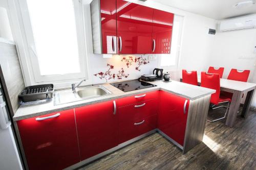 a red kitchen with a sink and red cabinets at Floating House Sea Queen in Portorož