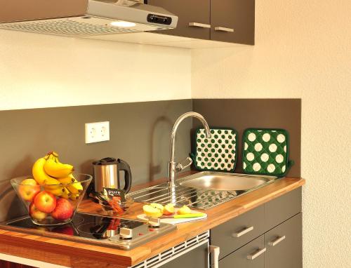 a kitchen counter with a sink and a bowl of fruit at Motel am Fürfelder Schloss in Bad Rappenau