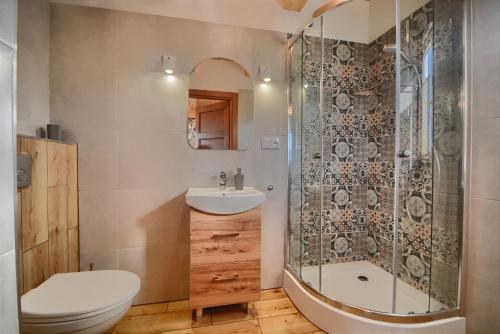 uma casa de banho com um chuveiro, um WC e um lavatório. em JAFERÓWKA Domki w górach em Żywiec
