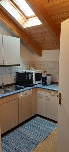 uma cozinha com um lavatório e um micro-ondas no balcão em Joseph's am Bach em Übersee