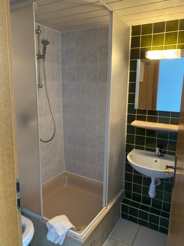 a bathroom with a shower and a sink at Sonntags Hotel in Helmstedt