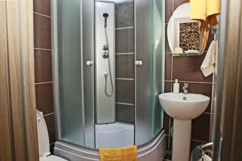 a bathroom with a shower and a sink at Hotel Uyut in Lipetsk