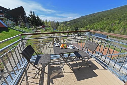 a table and chairs on a balcony with a view at Hotel Jirinka in Dolní Morava