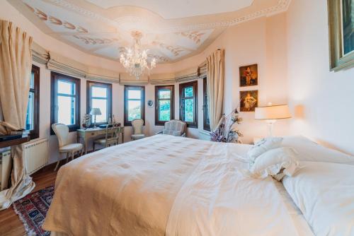 ツァガラダにあるElysian Luxury Villa Pelionのベッドルーム(白い大型ベッド1台、デスク付)