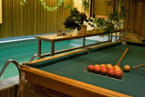 a pool table with cue balls on it next to a swimming pool at Gasthaus Punkaharju in Punkaharju