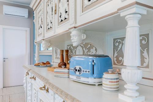 a kitchen with a blue toaster on a counter at L'aja della Mirusina - Piedmont Resort Monferrato Langhe in Canelli