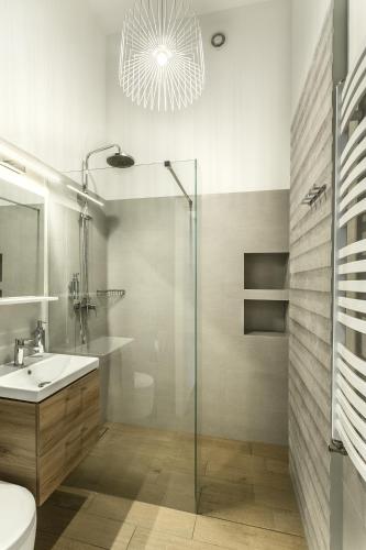 a bathroom with a glass shower and a sink at Apartamenty Nowa Kamienica Częstochowa Centrum Szymanowskiego 22A in Częstochowa