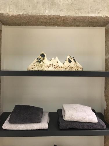 - une étagère avec 2 serviettes et un rocher dans l'établissement Chabot de Saint Maurice Meublé de Tourisme 3***, à Chambéry