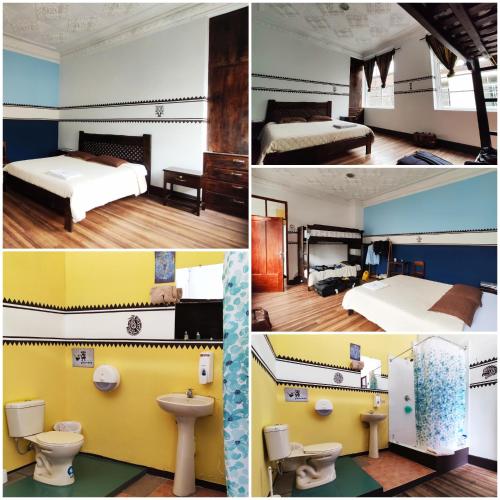 a collage of four pictures of a hotel room at Hostal Yakumama in Cuenca