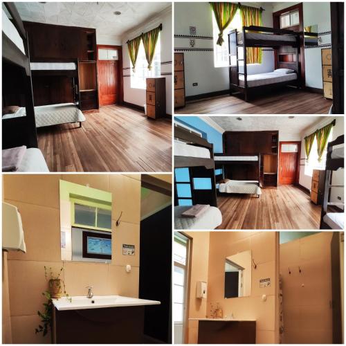 a collage of photos of a room with bunk beds at Hostal Yakumama in Cuenca