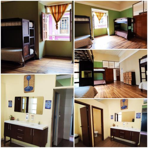four pictures of a room with a bed and a bathroom at Hostal Yakumama in Cuenca
