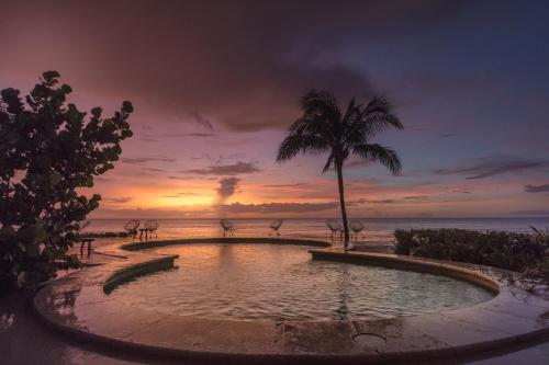 a pool on the beach with a palm tree and a sunset at Hotel Villas Flamingos in Holbox Island