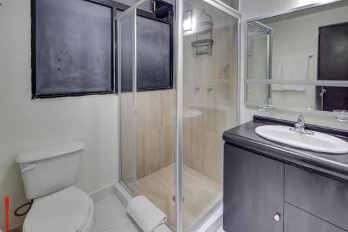 a bathroom with a shower and a toilet and a sink at Grupo Kings Suites -Platon 436 in Mexico City
