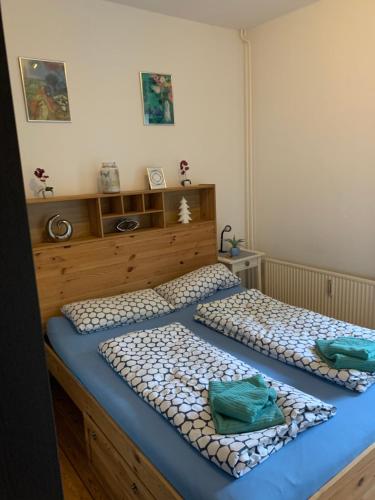 フレンスブルクにあるZentrale 3 Zimmer Altbauwohnung mit Balkonのベッドルーム(ツインベッド2台、青と白の枕付)