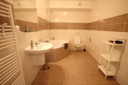 a bathroom with a sink and a toilet at Apartment Park Radouč - 60m2 in Mladá Boleslav