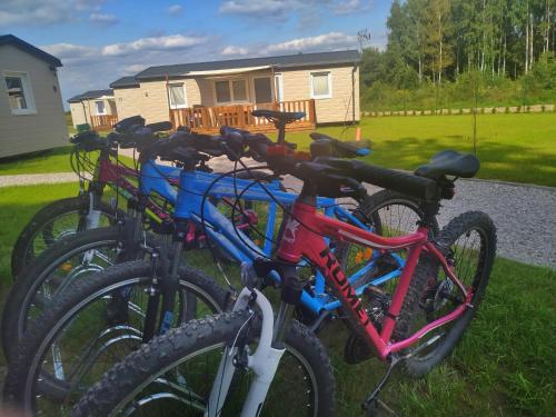a group of bikes parked in the grass in front of a house at LUXURY CAMP - 150 m od Suntago Park in Grabce-Towarzystwo