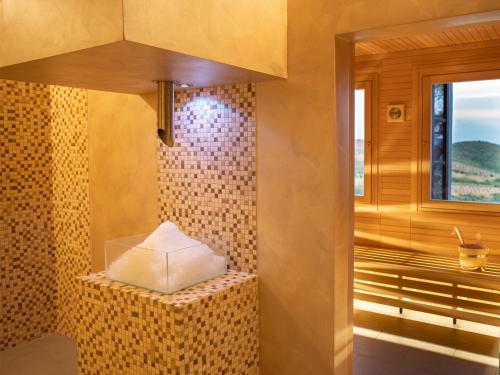 a bathroom with a shower with a window at Relais Villa Monte Solare Wellness & SPA in Panicale