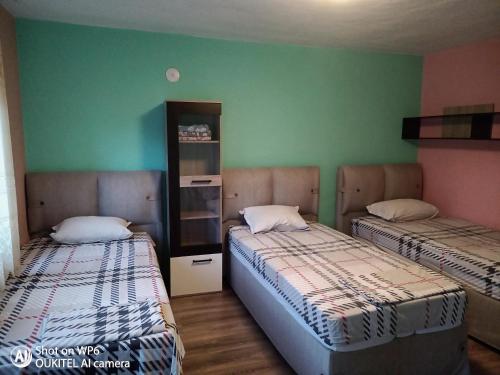 2 camas en una habitación con paredes verdes en Guest House "Dimova" en Svilengrad