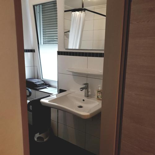 a bathroom with a sink and a mirror at Ferienwohnung Valentin in Baustert