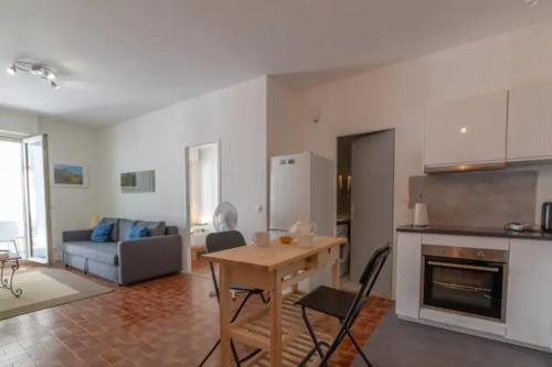 une cuisine et un salon avec une table et un canapé dans l'établissement GRAND APPARTEMENT LUMINEUX POUR 2 à 4 PERSONNES A AVIGNON INTRA-MUROS WiFI GRATUIT, à Avignon