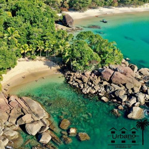 an aerial view of a beach with trees and water at Urbano Suítes in Ubatuba