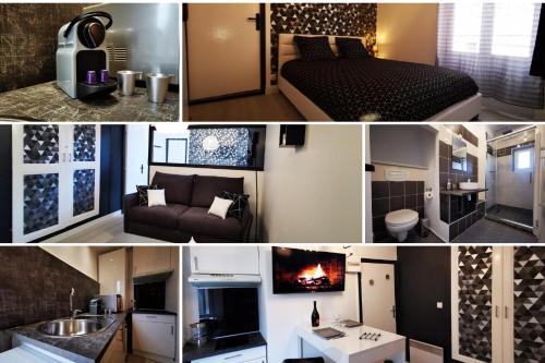 a collage of photos of a bedroom and a living room at Gîtes de l'isle Centre-Ville - WiFi Fibre - Netflix, Disney, Amazon - Séjours Pro in Château-Thierry