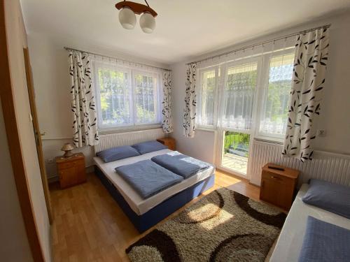 a bedroom with a bed and two windows and a rug at Noclegi "Na Szczyrboku" Dom I in Korbielów