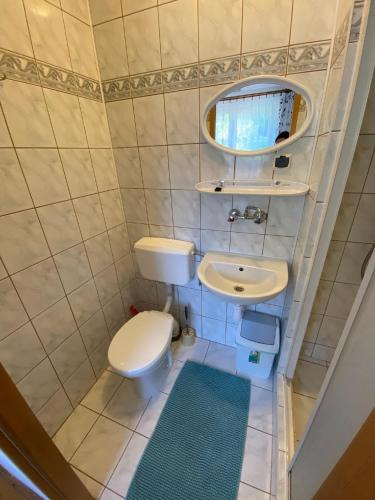 a small bathroom with a toilet and a sink at Noclegi "Na Szczyrboku" Dom I in Korbielów