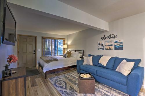 a living room with a blue couch and a bed at Steamboat Springs Studio Less Than 1 Mi to Ski Resort in Steamboat Springs