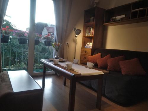 een woonkamer met een bank en een salontafel bij Apartament Olivia Centrum z zamknietym parkingiem in Gdańsk