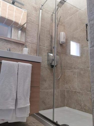 a shower with a glass door in a bathroom at Le camelie in Altamura
