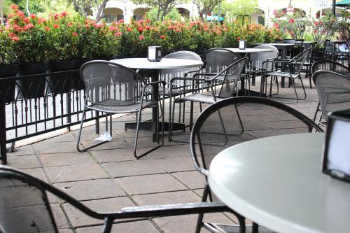 a row of tables and chairs with red flowers at Hotel Concierge Plaza Colima in Colima