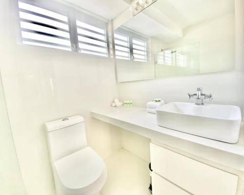 La salle de bains blanche est pourvue de toilettes et d'un lavabo. dans l'établissement KASA El Sol by the Sea with Pool and Parking, à San Juan
