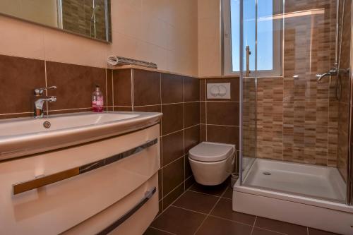 ein Bad mit einem Waschbecken, einem WC und einer Dusche in der Unterkunft Apartments Vito in Ražanj