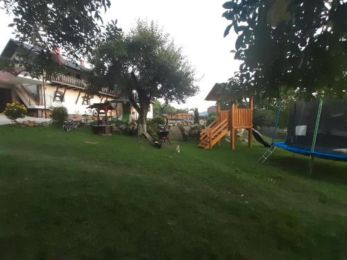 a yard with a playground in front of a house at CASA DINTRE PINI in Păltinoasa