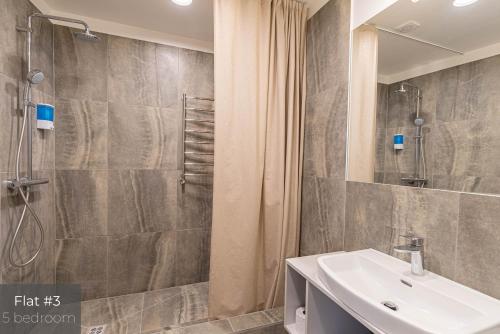 y baño con lavabo y ducha. en Dandelion Apartments Brīvības en Riga