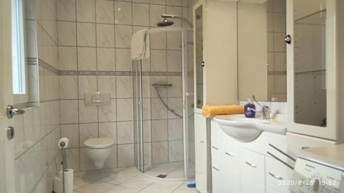 a bathroom with a shower and a toilet and a sink at Ferienwohnung in Celle in Celle