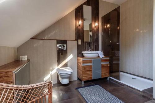 a bathroom with a toilet and a sink and a shower at Dom Na Wsi in Zachełmna