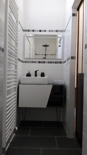 une salle de bain avec un lavabo blanc et un miroir dans l'établissement Les Pierres Bleues, à Bar-sur-Aube