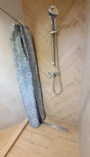 a shower with a shower head in a bathroom at Pod Żaglami in Dąbki