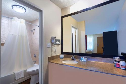 a bathroom with a sink, mirror, and toilet at Quality Inn at Arlington Highlands in Arlington