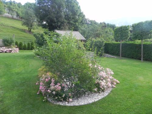 a bush with pink flowers in a yard at Apartments Vesna in Bled