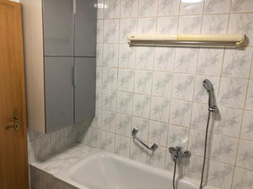 a bathroom with a shower with a sink and a mirror at Pension Miranda in Kelheim